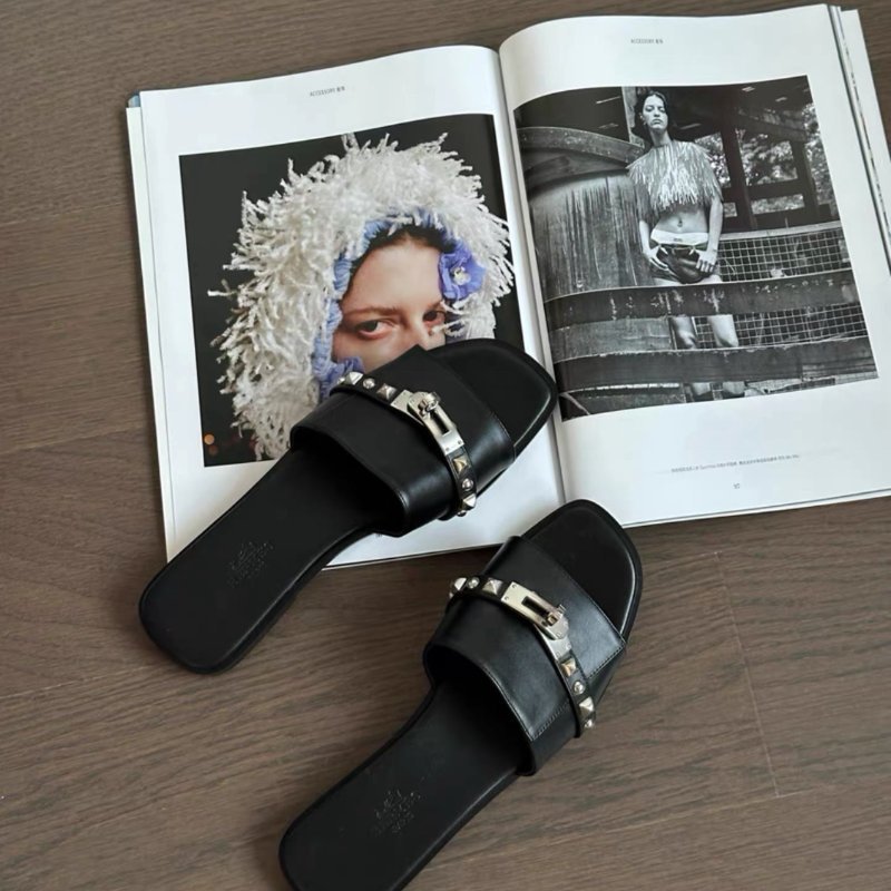 hermes giulia黑銀kelly扣卯釘平底涼拖鞋 37.5號全新配件塵袋盒子-3