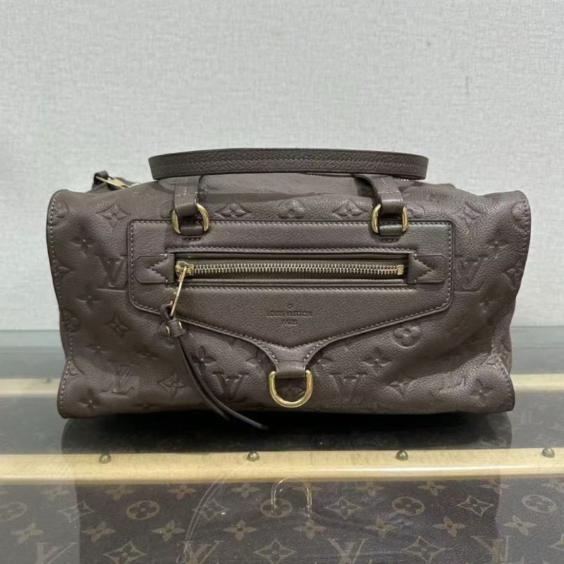 ✨LV 棕色金扣牛皮壓花手提肩背包 33*21*17 98新配件塵袋-0