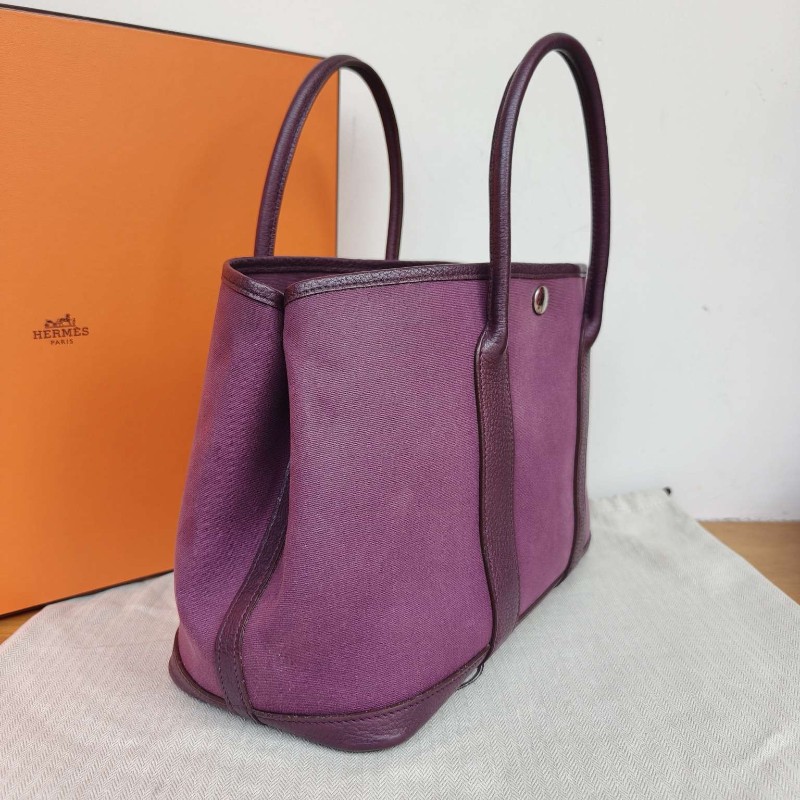 愛馬仕/Hermes garden party30 紫色帆布拼皮花園包 框O 銀扣-3