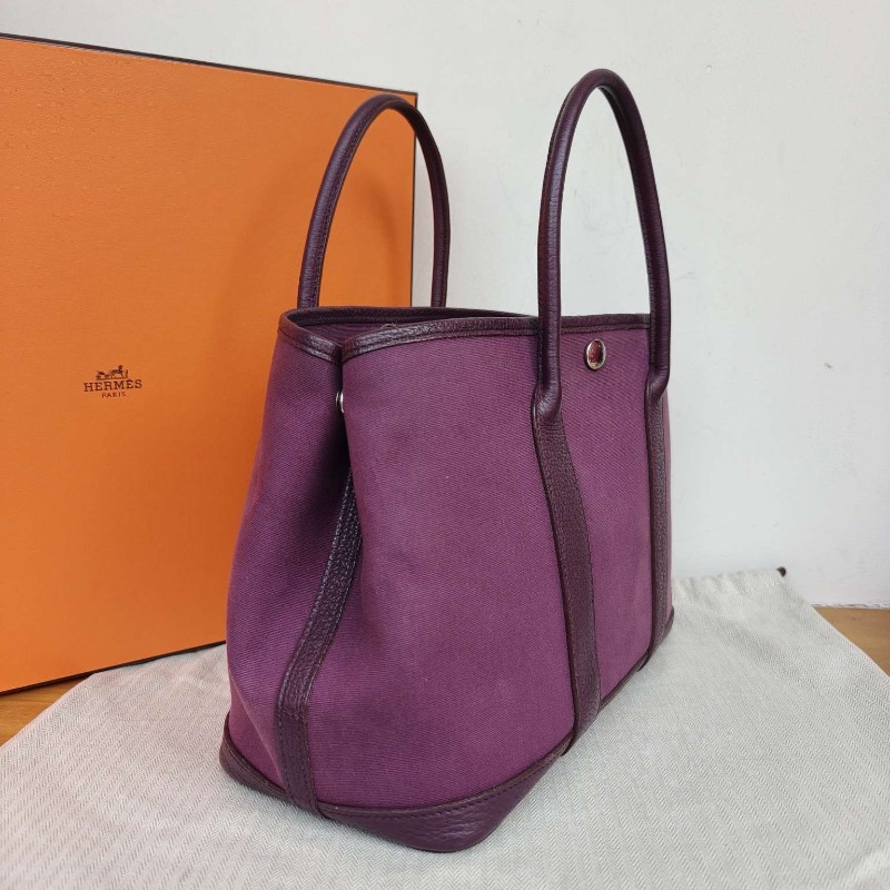 愛馬仕/Hermes garden party30 紫色帆布拼皮花園包 框O 銀扣-4