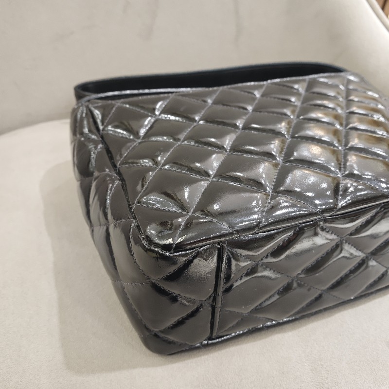 香奈兒/Chanel 4開 Vintage 黑色菱格漆皮單肩相機包 漆皮亮面soblack 肩背包-6