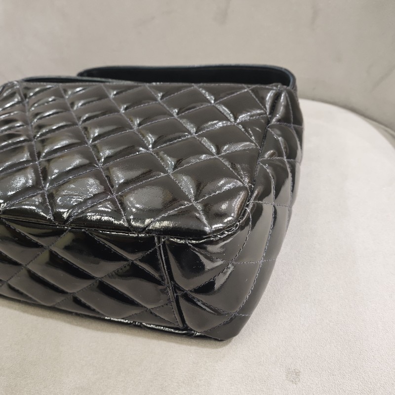 香奈兒/Chanel 4開 Vintage 黑色菱格漆皮單肩相機包 漆皮亮面soblack 肩背包-7