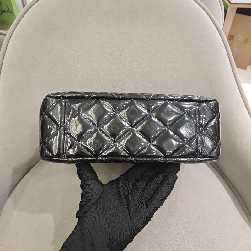 香奈兒/Chanel 4開 Vintage 黑色菱格漆皮單肩相機包 漆皮亮面soblack 肩背包-12