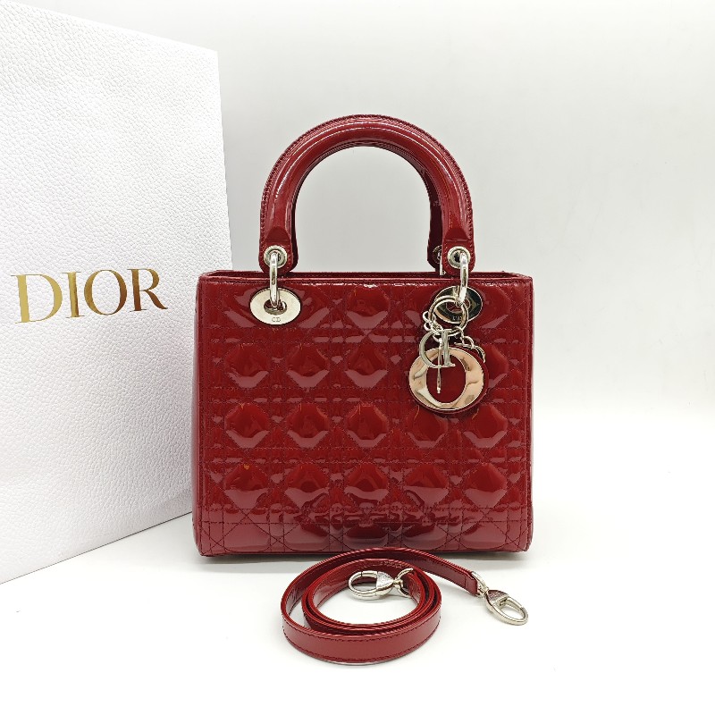迪奧/DIOR Lady Dior紅色五格銀扣漆皮戴妃 手提包 肩背包-0