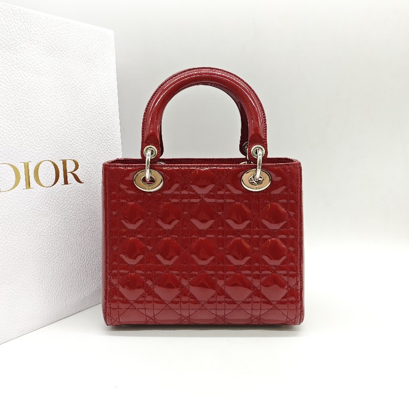 迪奧/DIOR Lady Dior紅色五格銀扣漆皮戴妃 手提包 肩背包-1