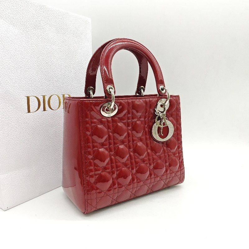迪奧/DIOR Lady Dior紅色五格銀扣漆皮戴妃 手提包 肩背包-2