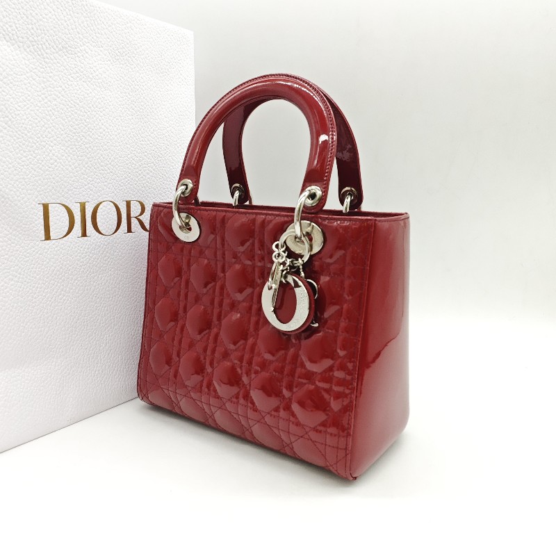 迪奧/DIOR Lady Dior紅色五格銀扣漆皮戴妃 手提包 肩背包-3