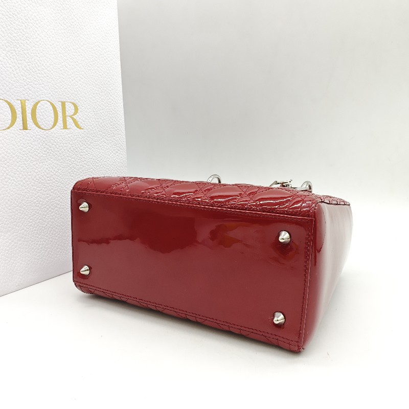 迪奧/DIOR Lady Dior紅色五格銀扣漆皮戴妃 手提包 肩背包-4