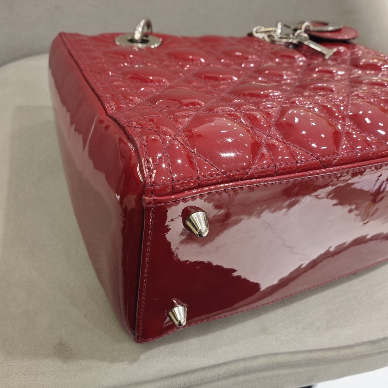 迪奧/DIOR Lady Dior紅色五格銀扣漆皮戴妃 手提包 肩背包-7