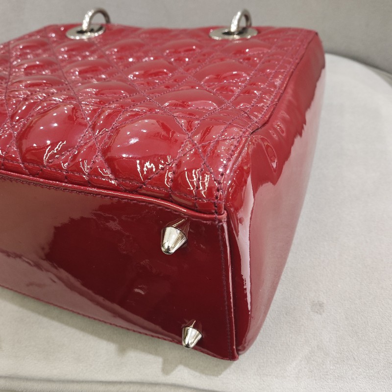 迪奧/DIOR Lady Dior紅色五格銀扣漆皮戴妃 手提包 肩背包-9