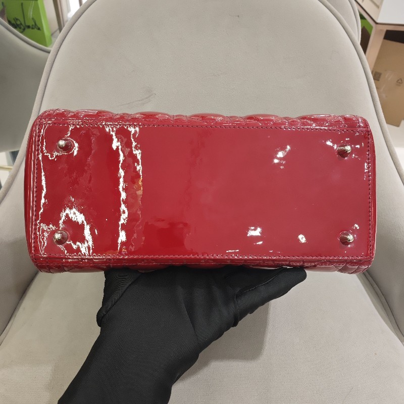 迪奧/DIOR Lady Dior紅色五格銀扣漆皮戴妃 手提包 肩背包-10