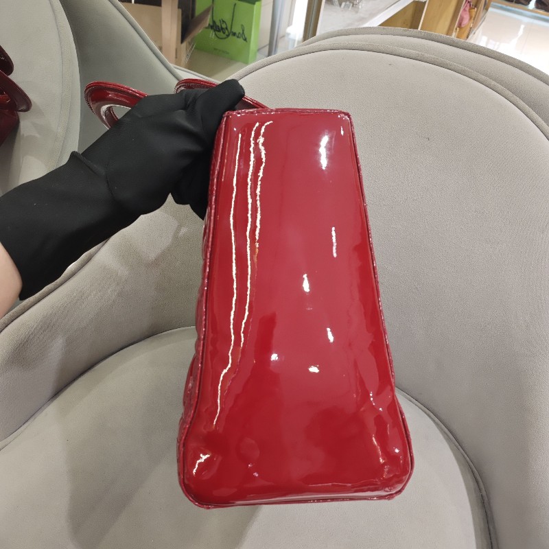 迪奧/DIOR Lady Dior紅色五格銀扣漆皮戴妃 手提包 肩背包-11