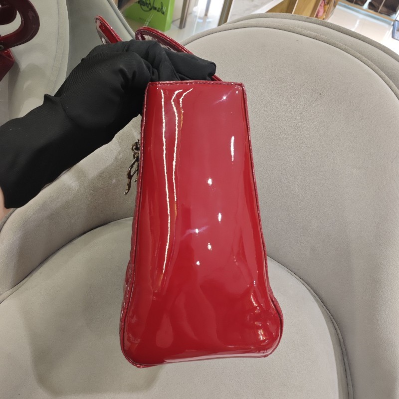 迪奧/DIOR Lady Dior紅色五格銀扣漆皮戴妃 手提包 肩背包-12