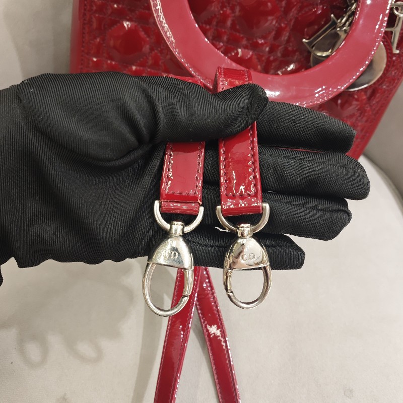 迪奧/DIOR Lady Dior紅色五格銀扣漆皮戴妃 手提包 肩背包-13
