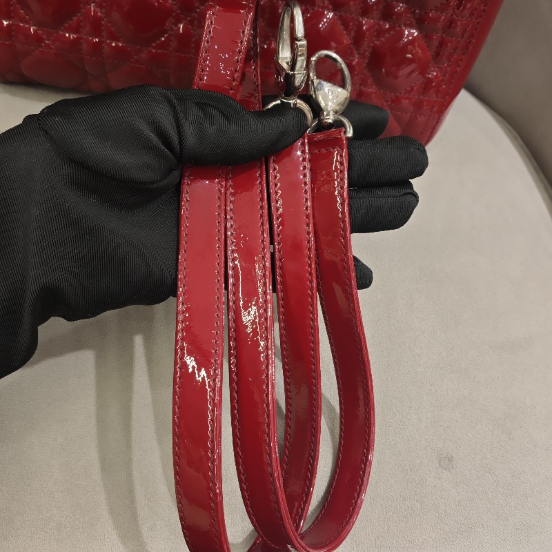 迪奧/DIOR Lady Dior紅色五格銀扣漆皮戴妃 手提包 肩背包-14