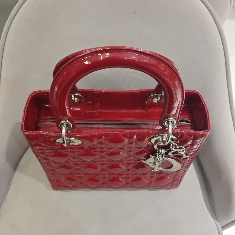 迪奧/DIOR Lady Dior紅色五格銀扣漆皮戴妃 手提包 肩背包-17
