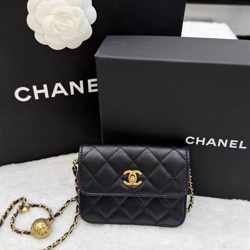芯片款！香奈兒Chanel 黑金羊皮金球mini 鏈條腰包 22年芯片！-0