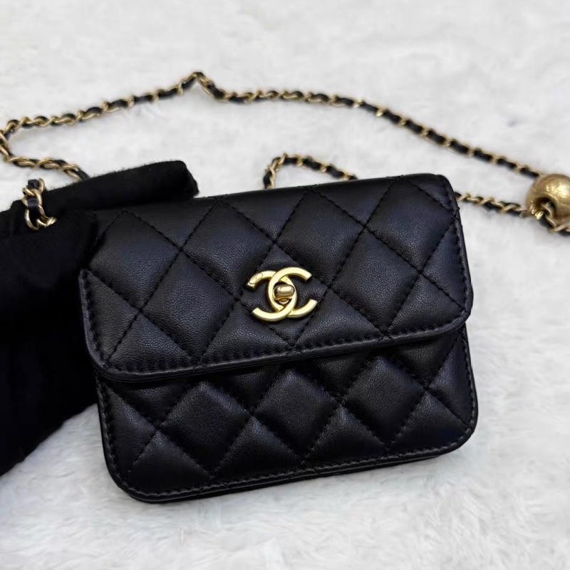 芯片款！香奈兒Chanel 黑金羊皮金球mini 鏈條腰包 22年芯片！-1