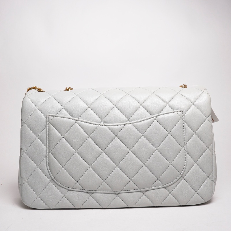 CHANEL 山茶花調節 淺灰藍色 羊皮菱格紋 肩背包-1