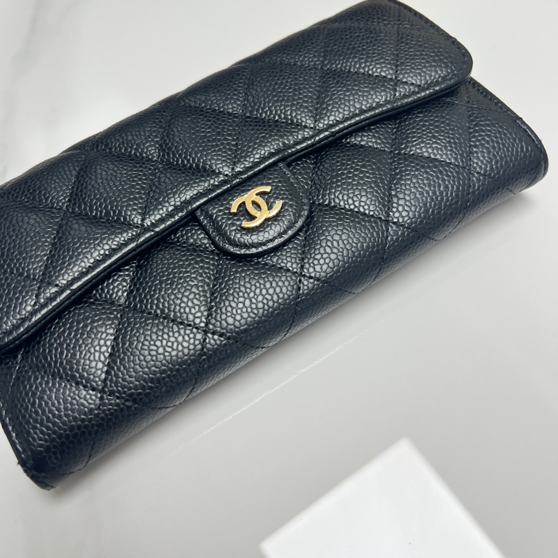 Chanel黑金荔枝皮長銀包 長夾 26開 非常新無磨損-7