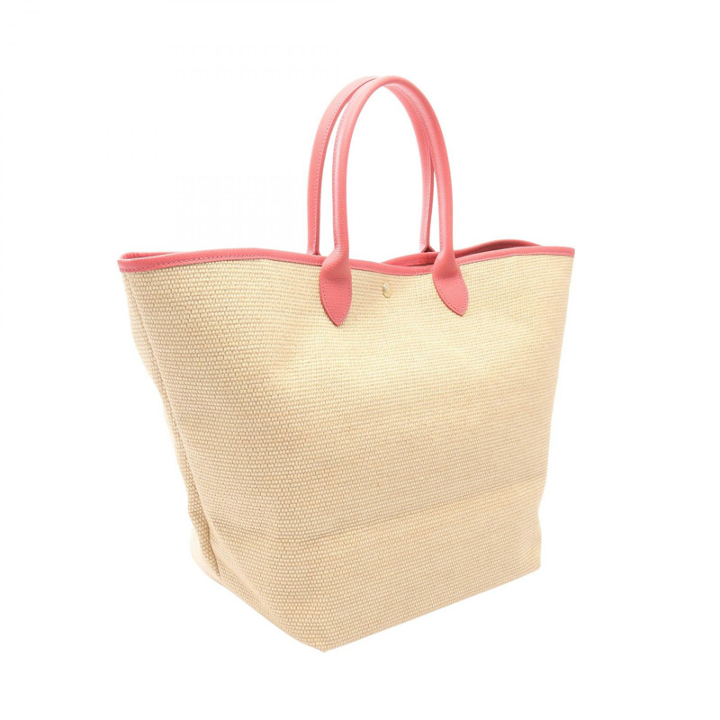 Longchamp Le Pliage 系列 L 籃子托特包皮革草編米色粉紅色新品-1