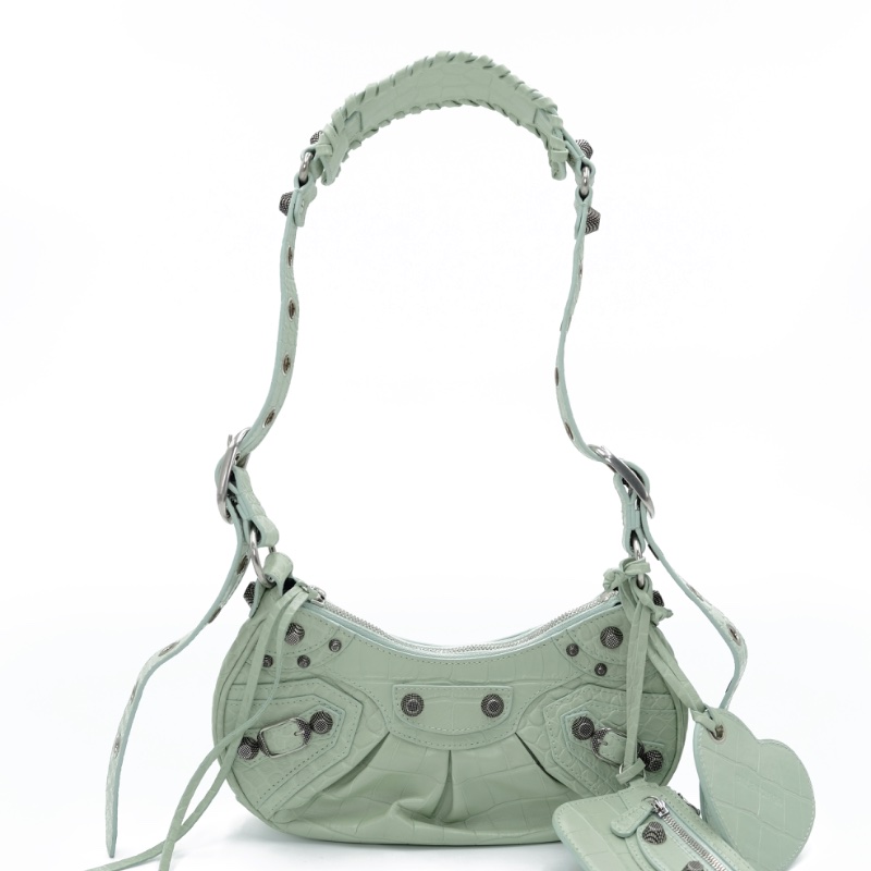 【二手精品】Balenciaga Le Cagole XS Shoulder Bag 淺綠色壓紋皮革 斜背包 肩背包 附鏡子 巴黎世家-9