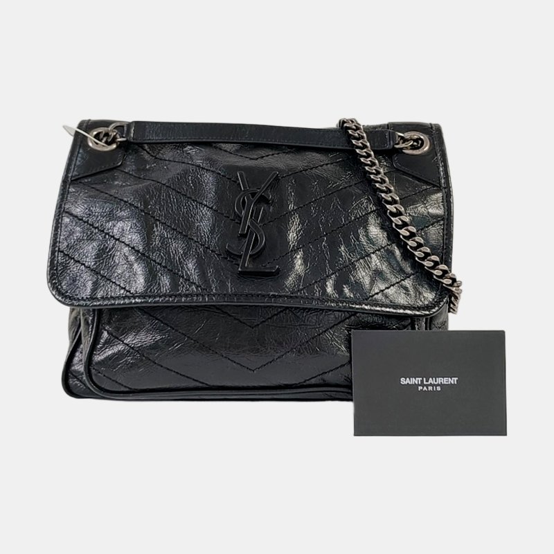 YSL NIKI中號 黑色牛皮V紋皺褶 肩背包 黑色五金-7