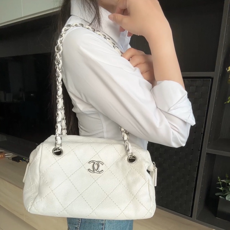 💙正品 CHANEL 荔枝牛皮 白香奈兒 老香 托特包｜有雷標-0