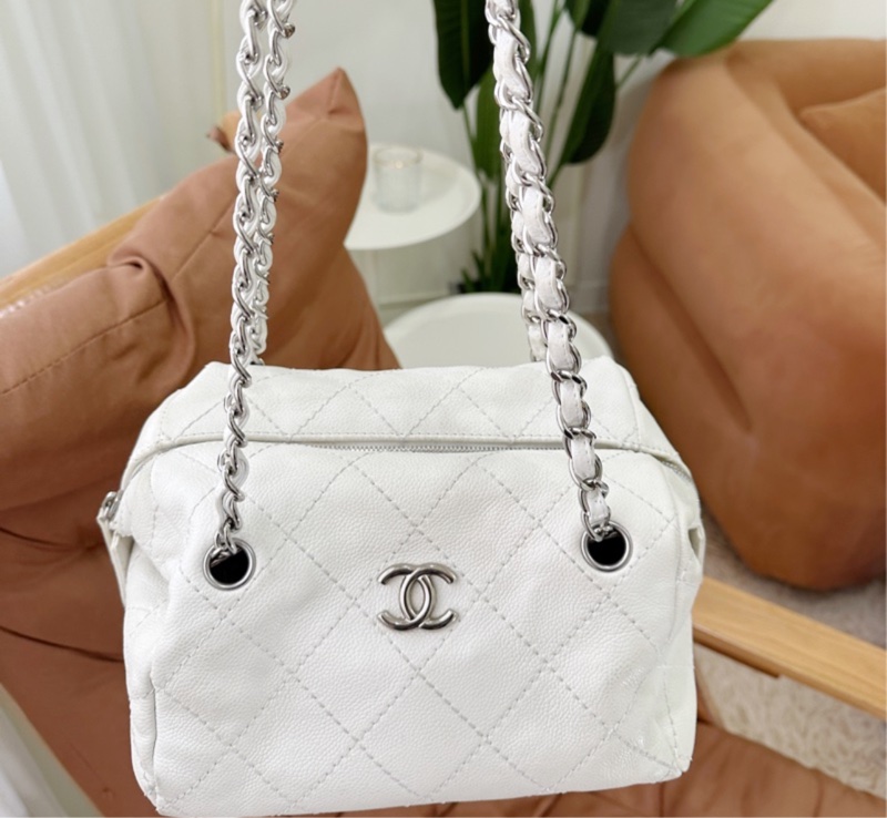 💙正品 CHANEL 荔枝牛皮 白香奈兒 老香 托特包｜有雷標-1