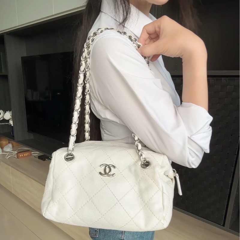 💙正品 CHANEL 荔枝牛皮 白香奈兒 老香 托特包｜有雷標-2
