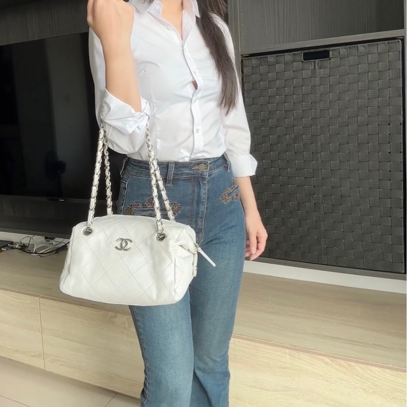 💙正品 CHANEL 荔枝牛皮 白香奈兒 老香 托特包｜有雷標-3