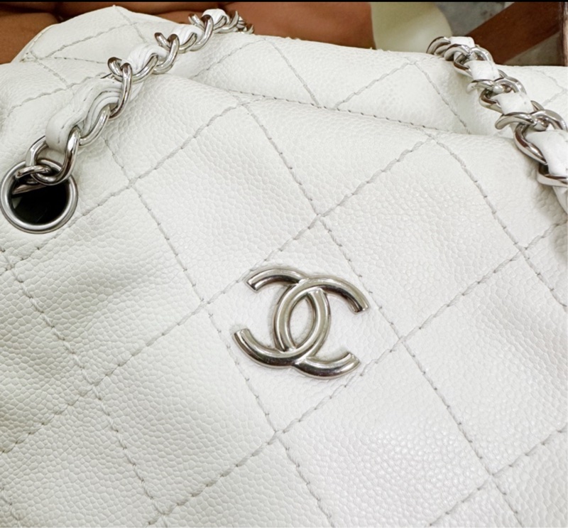 💙正品 CHANEL 荔枝牛皮 白香奈兒 老香 托特包｜有雷標-4