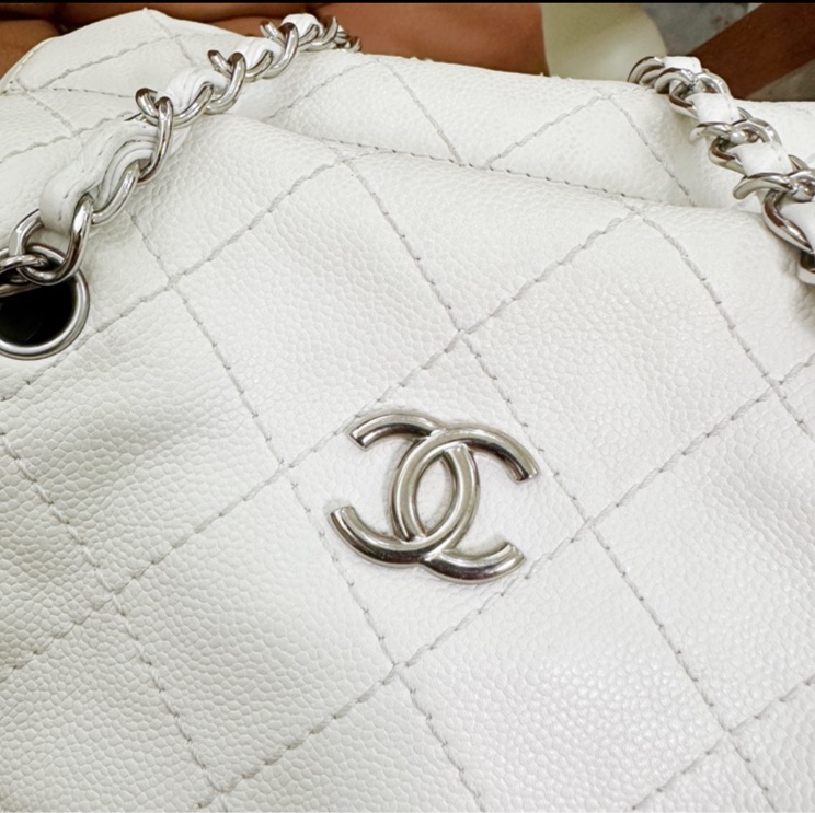 💙正品 CHANEL 荔枝牛皮 白香奈兒 老香 托特包｜有雷標-10