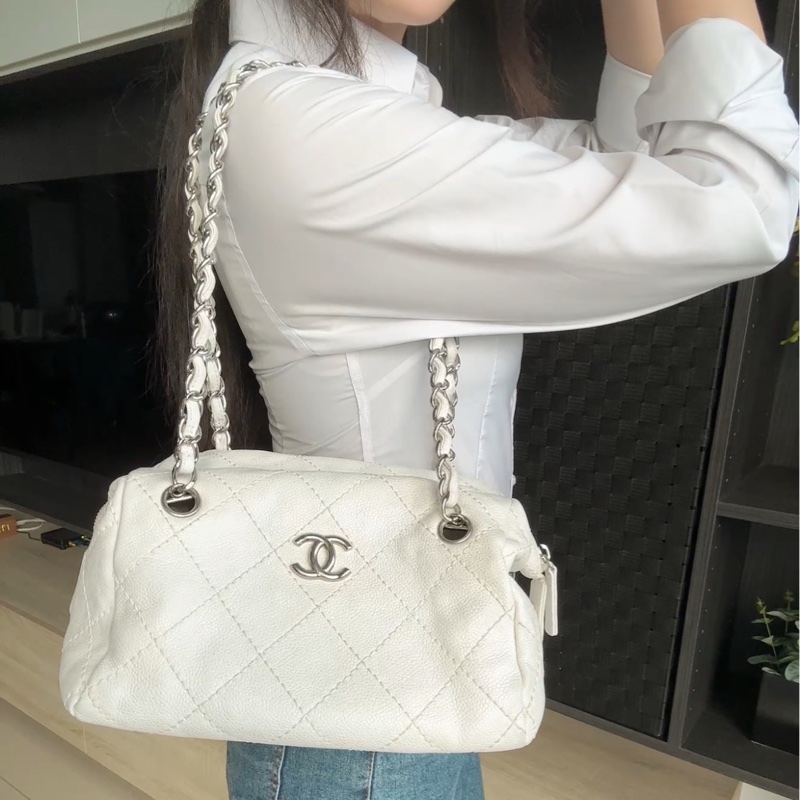 💙正品 CHANEL 荔枝牛皮 白香奈兒 老香 托特包｜有雷標-14