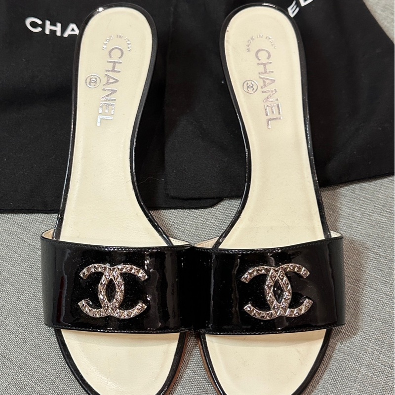 正品 CHANEL 高跟 漆皮 黑香奈兒 老香 涼鞋 牛皮 拖鞋-0