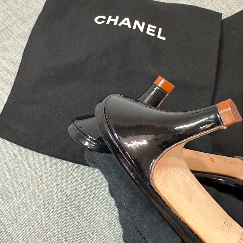 正品 CHANEL 高跟 漆皮 黑香奈兒 老香 涼鞋 牛皮 拖鞋-4