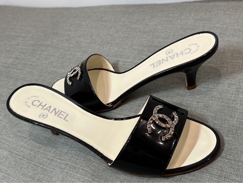 正品 CHANEL 高跟 漆皮 黑香奈兒 老香 涼鞋 牛皮 拖鞋-5