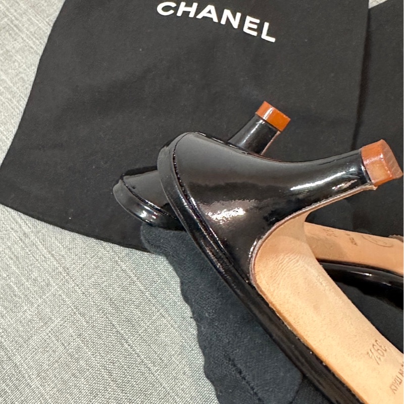 正品 CHANEL 高跟 漆皮 黑香奈兒 老香 涼鞋 牛皮 拖鞋-6