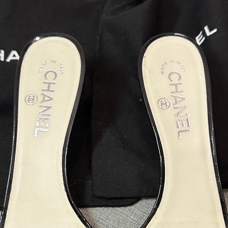 正品 CHANEL 高跟 漆皮 黑香奈兒 老香 涼鞋 牛皮 拖鞋-8