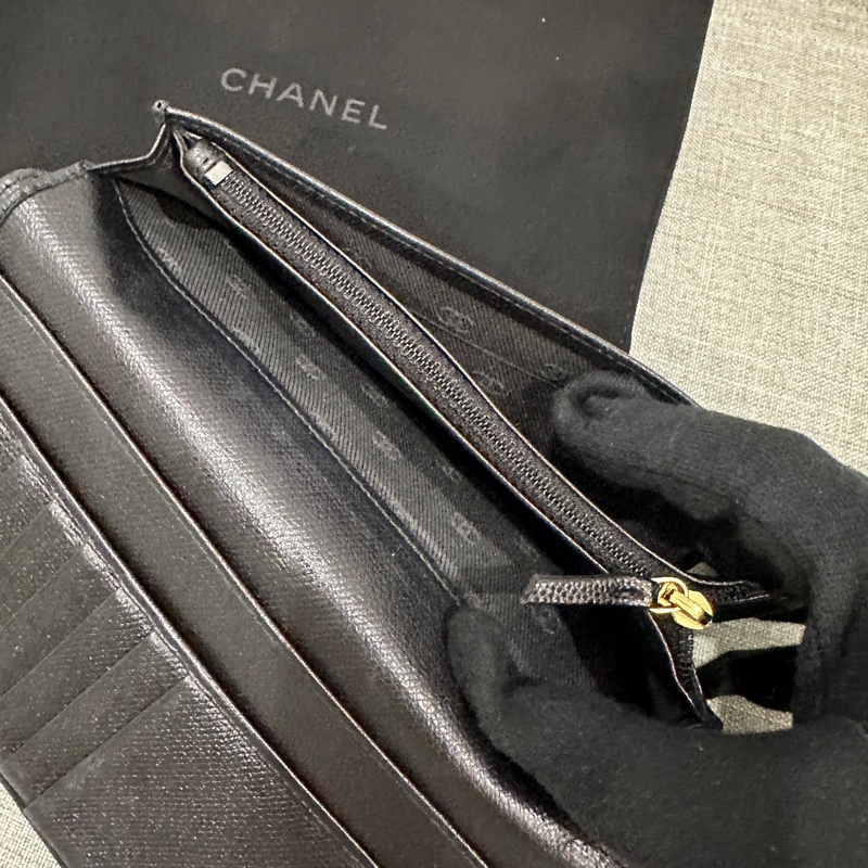 Chanel 香奈兒 荔枝 牛皮 長夾 黑 皮夾-4