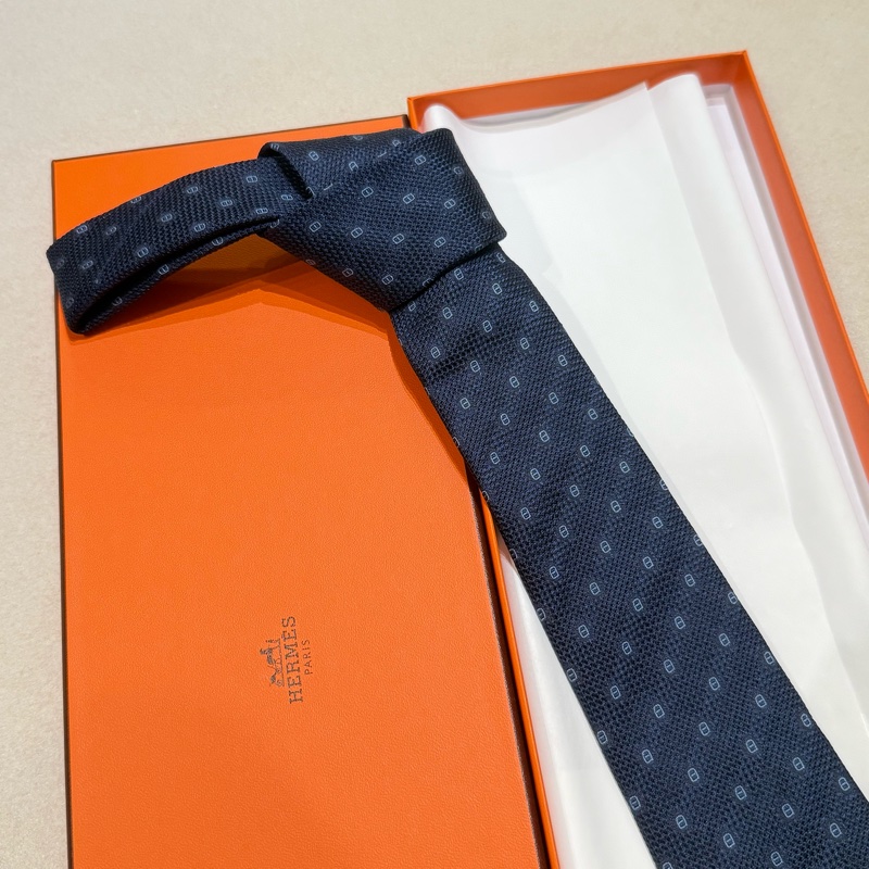 Hermes 男裝 深藍色豬鼻圖案真絲領呔-0