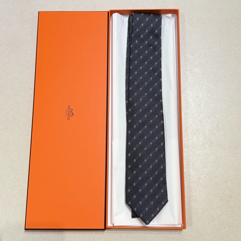 Hermes 男裝 深灰色豬鼻圖案真絲領呔-0