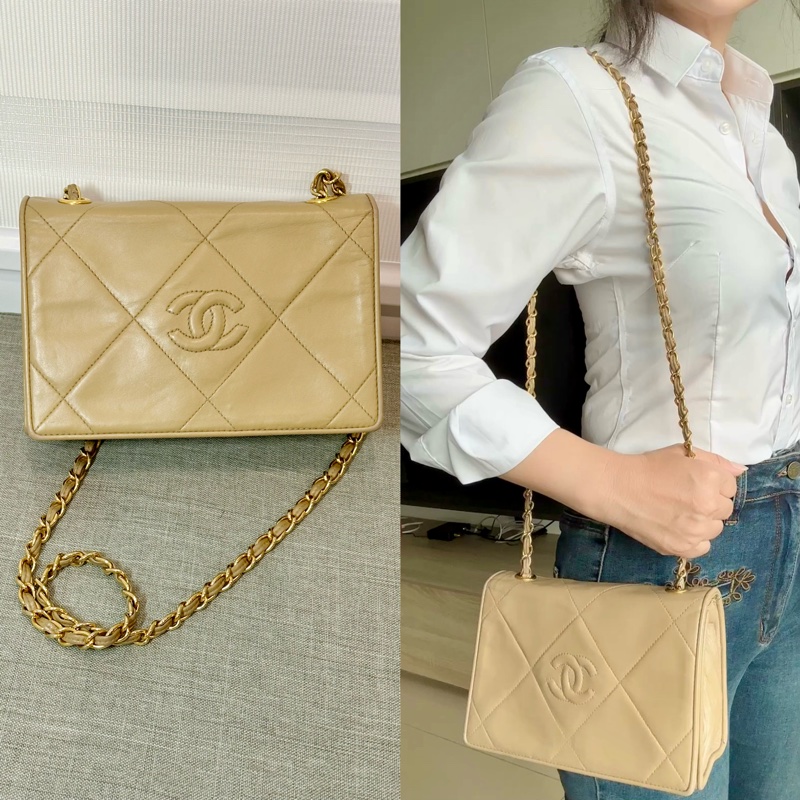 正品 CHANEL 奶茶 牛皮 香奈兒 老香 側背包 斜背包｜有雷標-10