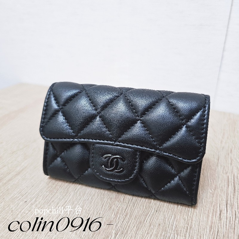 [ 黑釦好物品況優❣️] Chanel香奈兒黑釦菱格零錢卡包-0