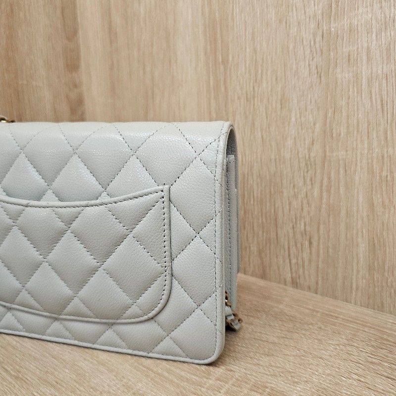 [出清回饋❣️] Chanel香奈兒 淺灰荔枝皮淡金釦斜背WOC-5