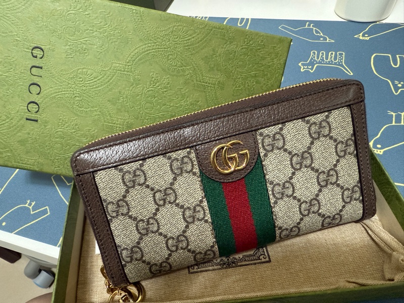GUCCI 古馳 經典Ophidia GG印花帆布牛皮飾邊拉鍊長夾-0