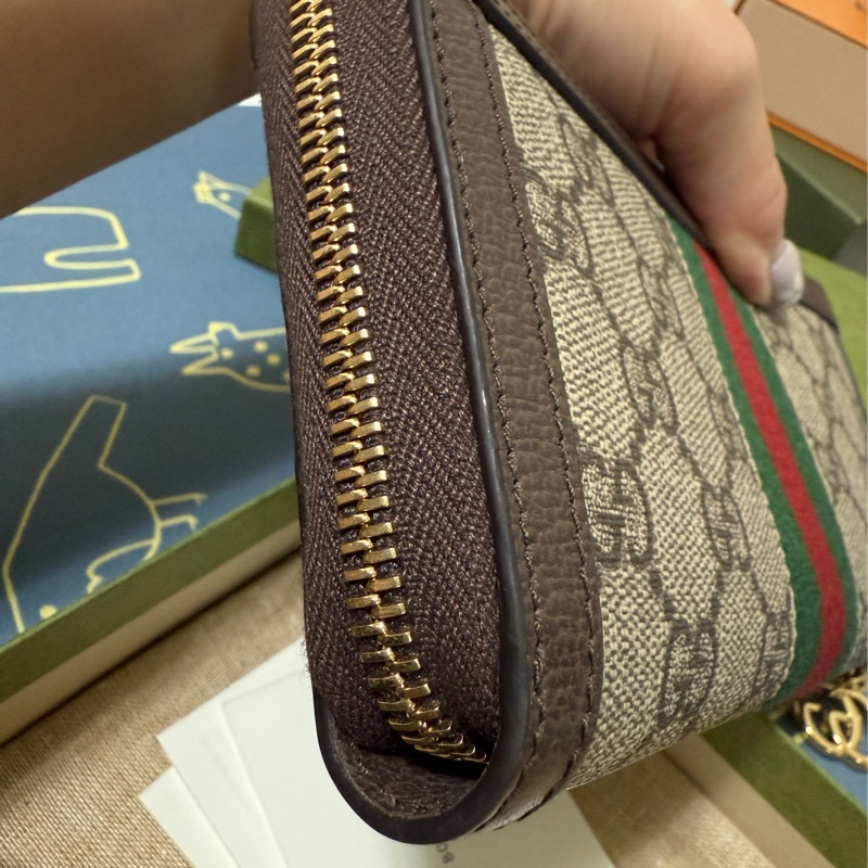 GUCCI 古馳 經典Ophidia GG印花帆布牛皮飾邊拉鍊長夾-3