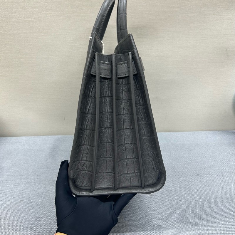 YSL 聖羅蘭 灰色鱷魚壓紋風琴包 手提包 肩背包-2