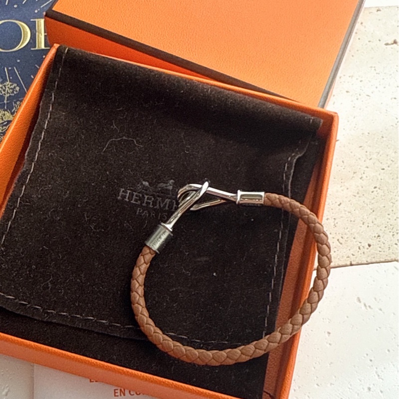 HERMES 棕色編織Jumbo銀扣手環-0