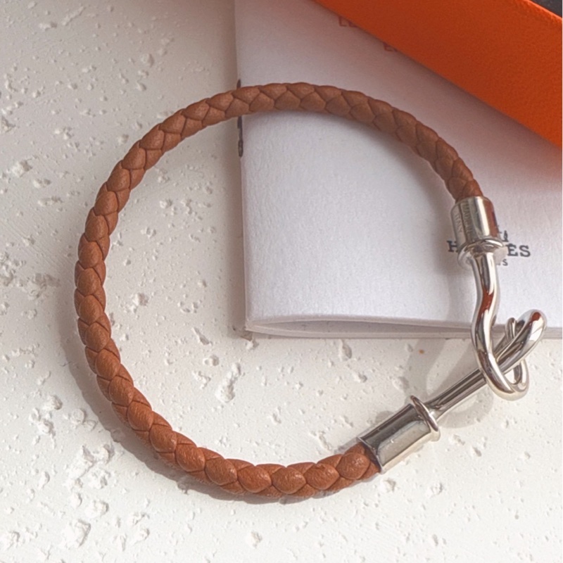 HERMES 棕色編織Jumbo銀扣手環-2